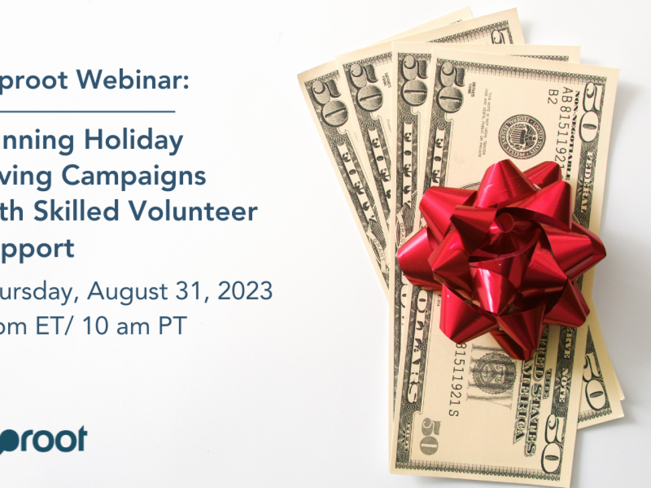 gift bow on four 50 dollar bills with webinar title text overlay