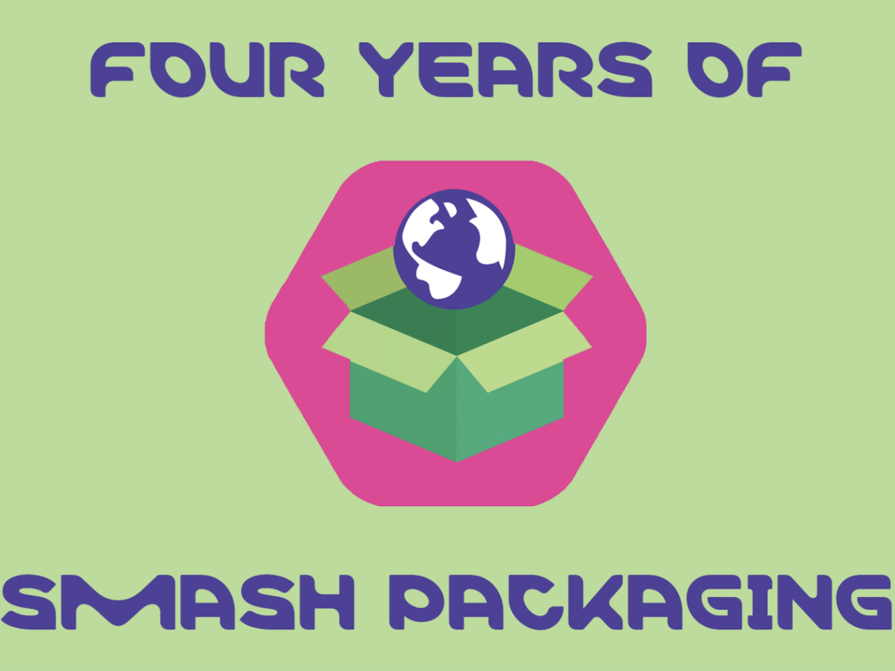 Purple letters that read, "Four years of smash packaging" border a hexagon that highlights a box and various graphics such as scissors and a globe. 