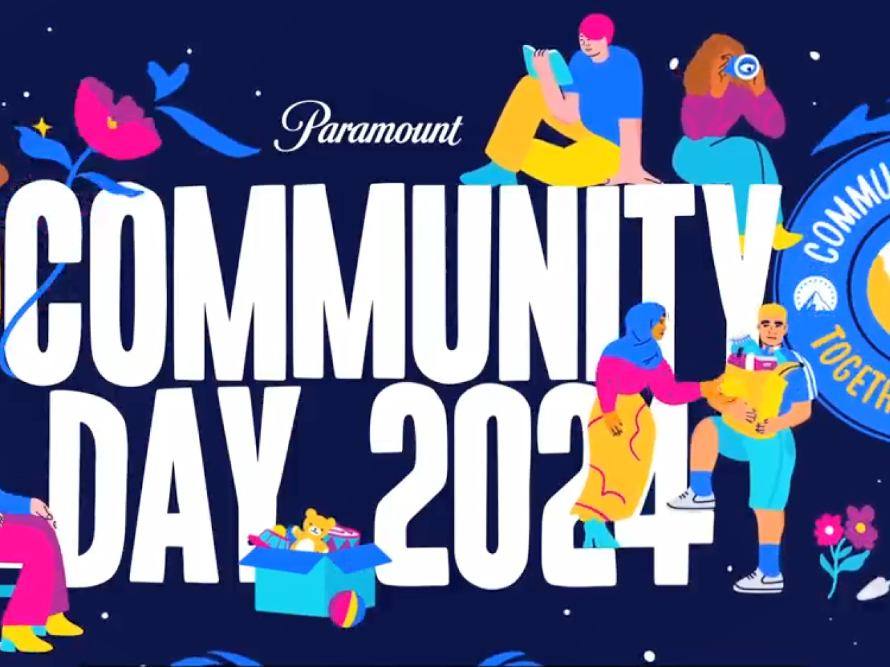 "Community Day 2024" with colorful drawings of people, flowers, boxed items.