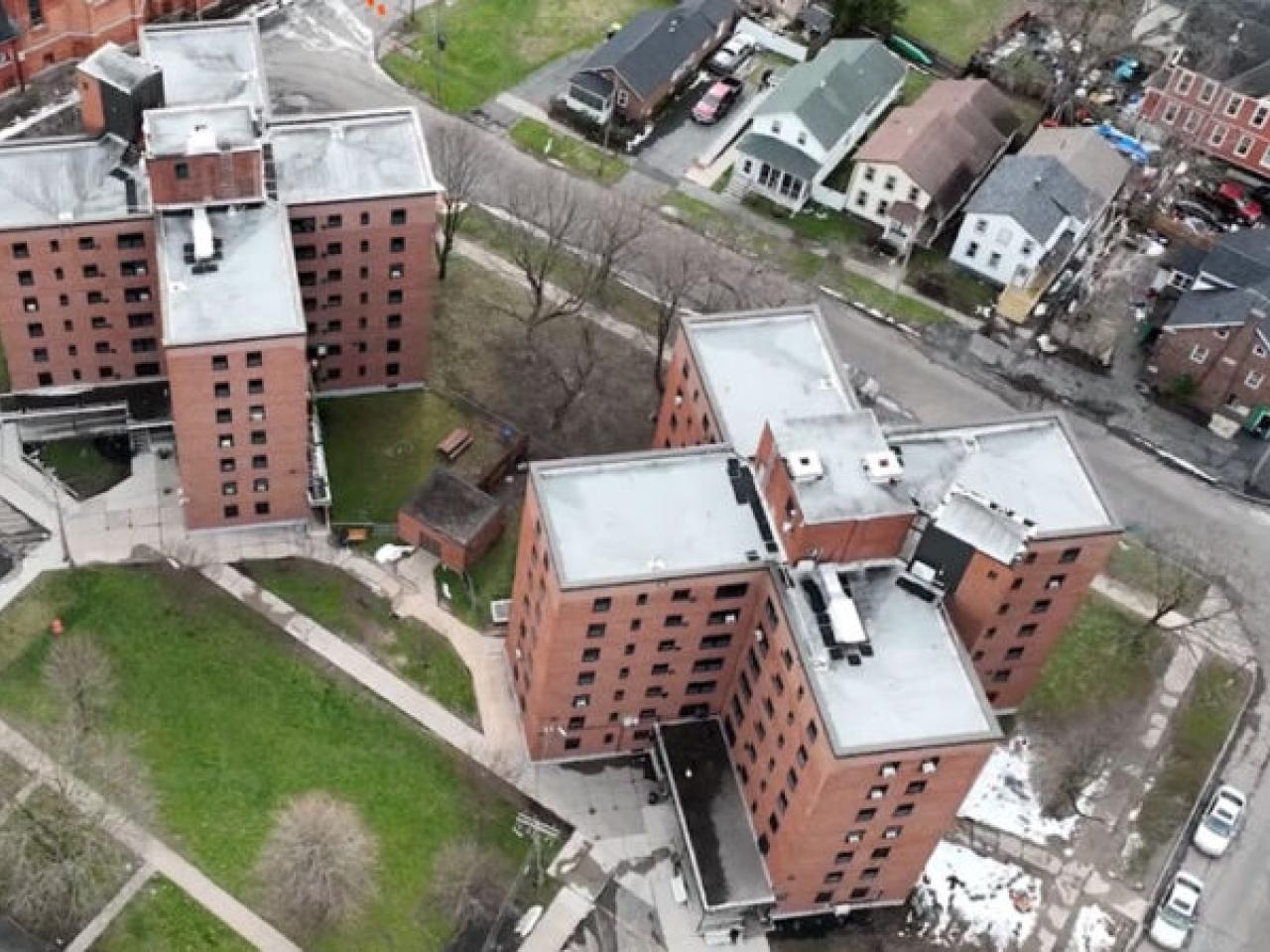 Overhead photo of two large buildings