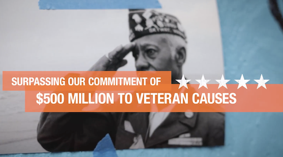 Veteran shown saluting. Caption: surpassing our commitment of $500 million to Veteran Causes.