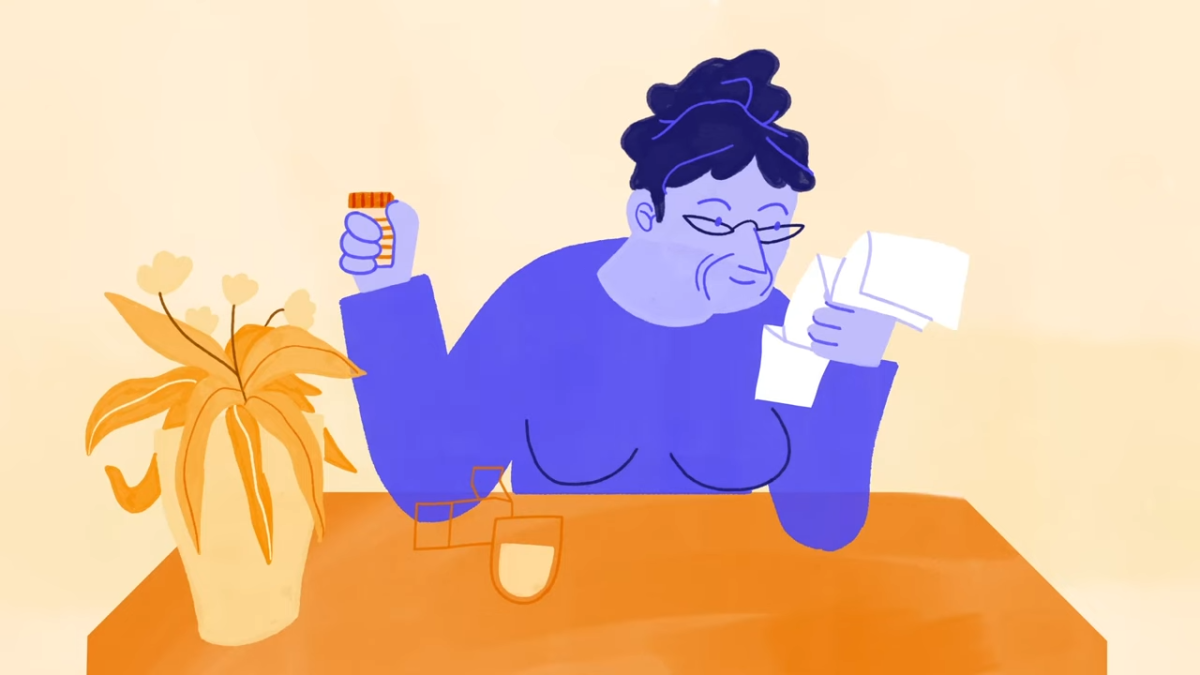 An illustration of a person holding a medicine bottle and reading a piece of paper