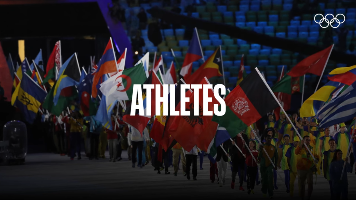 People carrying world flags with the text 'Athletes' layered on top of the image