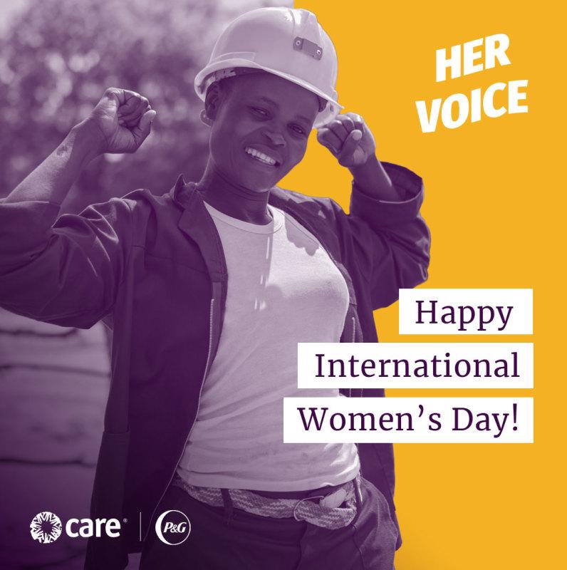 Woman in hard hat with text that reads: Her Voice - Happy International Women's Day