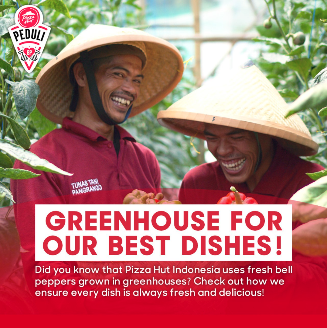 Two people smiling and holding produce, with words "Greenhouse for our best dishes!"