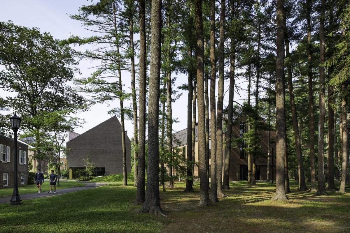 Bowdoin College - Mills Hall and Gibbons Center behind pine groves