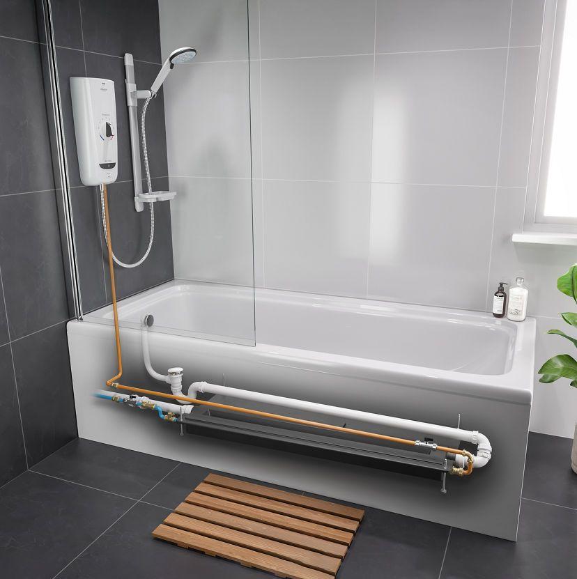 A render of the plumbing inside a bath tub and shower