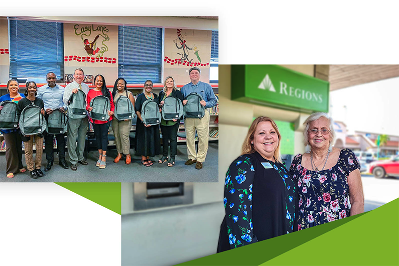 Collage with people holding backpacks and two people smiling together next to a Regions ATM.