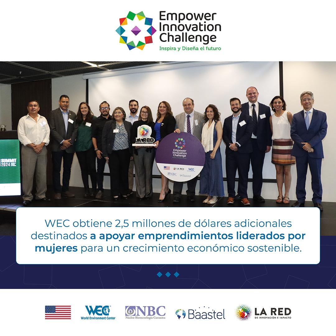 Image with EIC WEC and partners logo with image of hands celebrating. Text reads in Spanish: WEC secures additional $2.5 million to build capacity of women-owned businesses for sustainable economic growth