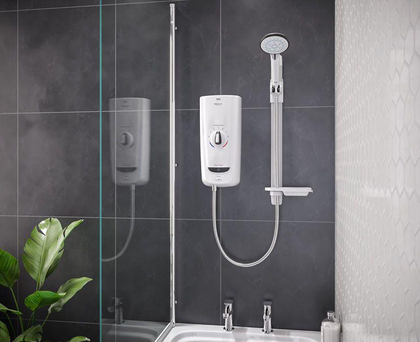 A render of a shower on a tiled bathroom wall 