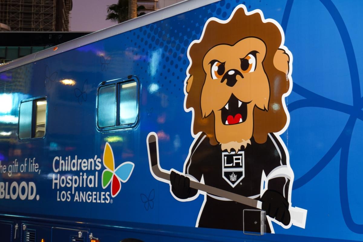 Blood donation vehicle with LA Kings emblem on it