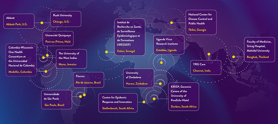 World map highlighting the 14 centers in the Abbott Pandemic Defense Coalition. They are spread over North and South America, Africa, Asia, and the Middle East