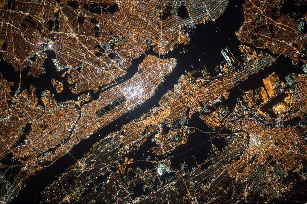 Aerial view of Manhattan at night