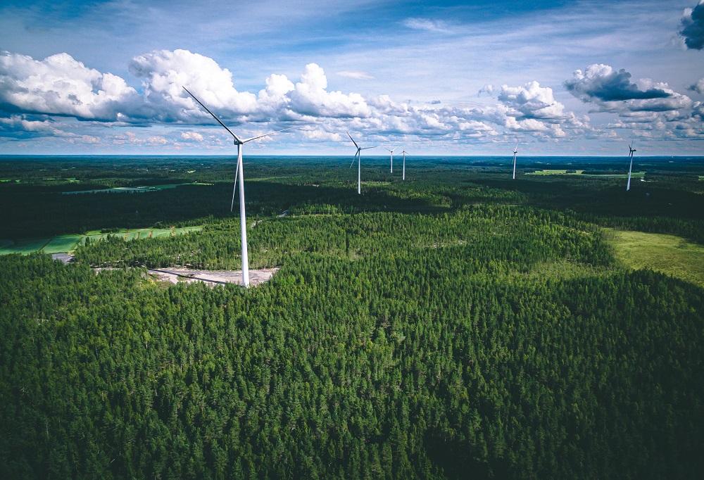 Landscape with wind turbines rising from a forest