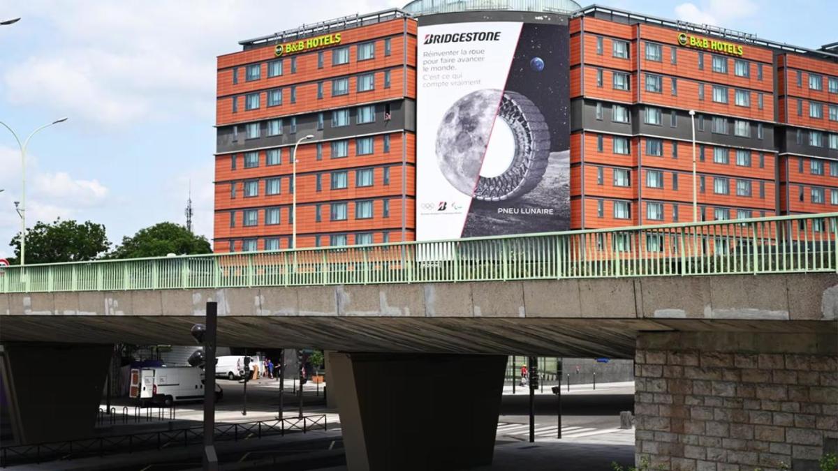 Bridgestone banner on the side of a building 