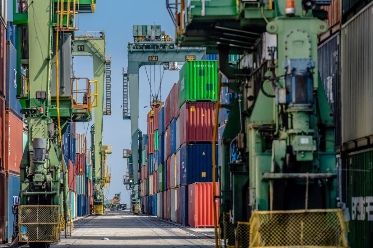 Rows of crane trucks and many stacks of shipping containers.