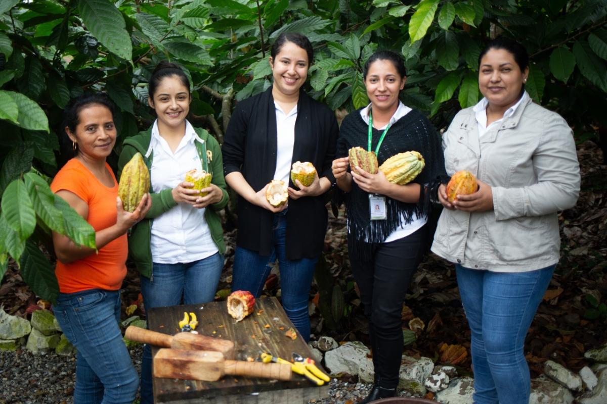 Rosa Maribel Cortes, Julibee Portillo, Alejandra Lemus, Julissa Medina and Sandra Buezo all work at the Xol chocolate factory in Honduras. 