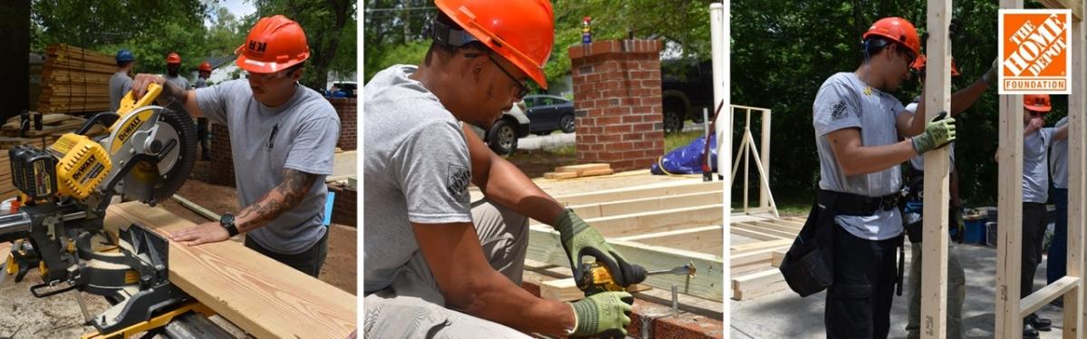 Photo collage showing construction workers building a home.