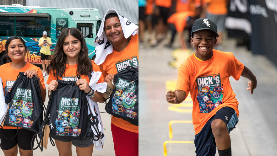 Kids shown with backpacks and running.