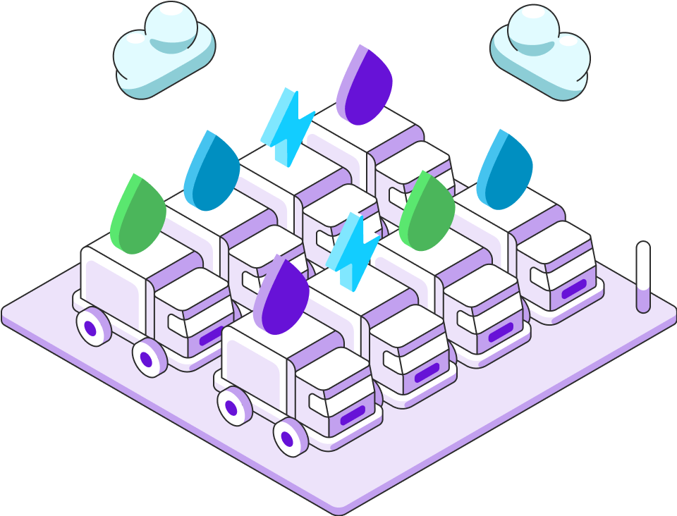 A fleet of trucks sits in a parking lot, each with a different icon floating above depicting various fuels.