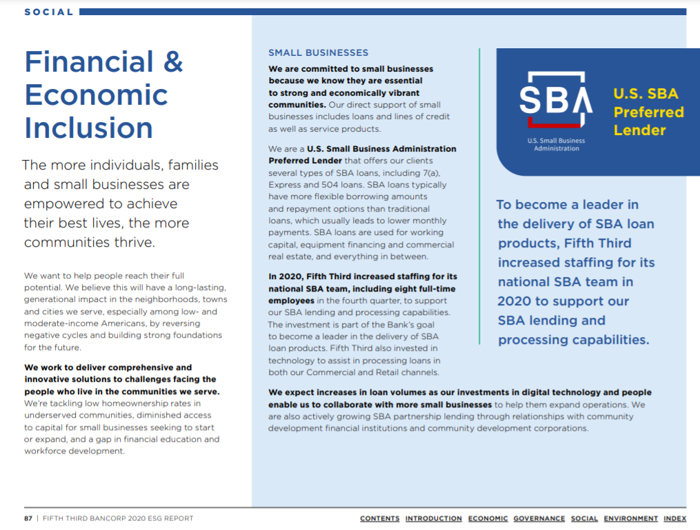 page from Fifth Third's 2020 ESG report on Financial & Economic Inclusion