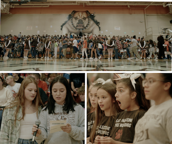 East Palestine volleyball players read letter announcing 75for75 Sports Matter Grant during school pep assembly.