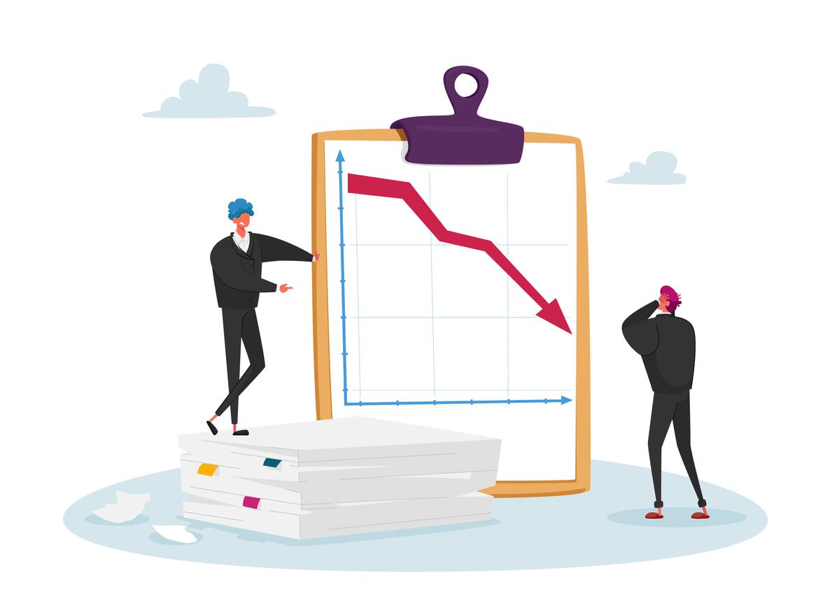 graphic of two people looking at a graph with a downward trajectory 