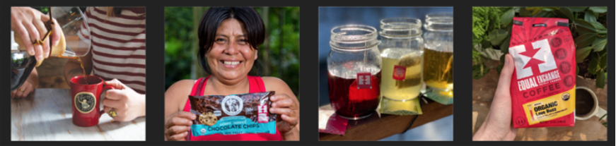 Four pictures: coffee being poured into a mug, a person holding a bag of chocolate chips, glass jars of tea brewing, and a coffee bag