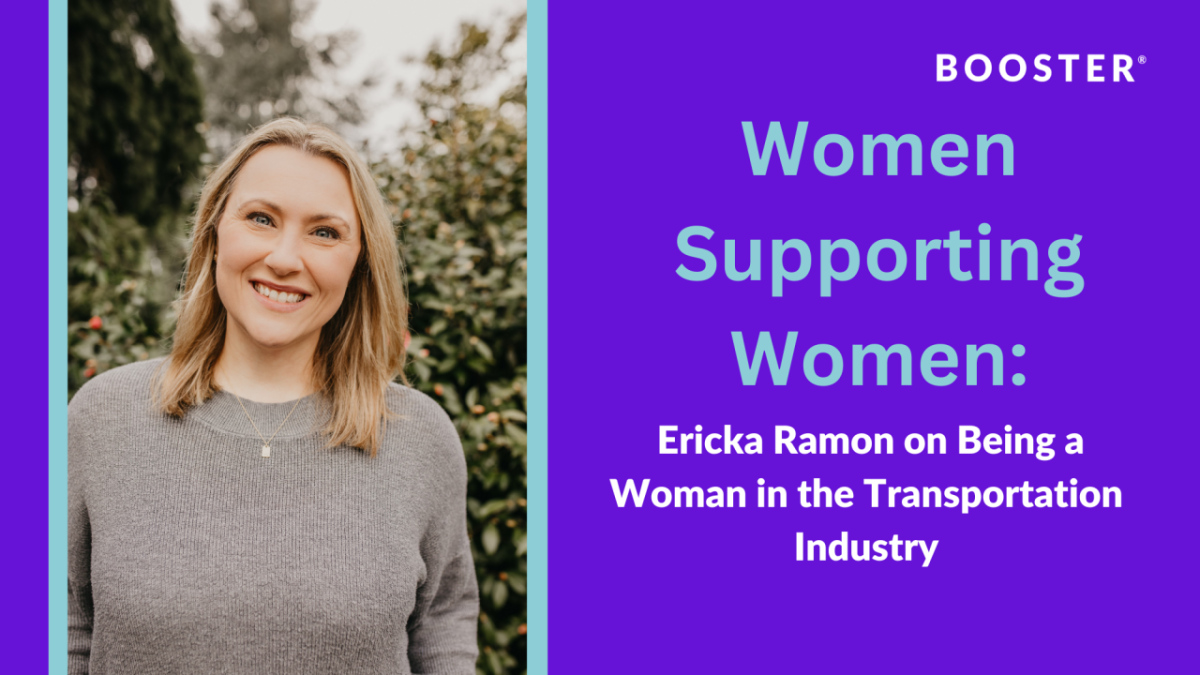 A head shot of Ericka Ramon on the left. Purple background with teal and white text that reads "Women Supporting Women: Ericka Ramon on Being a Woman in the Transportation Industry."