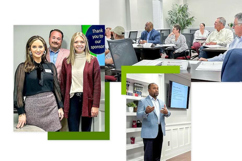 Collage of groups of people posed, listening to a seminar, and in front of the group speaking.