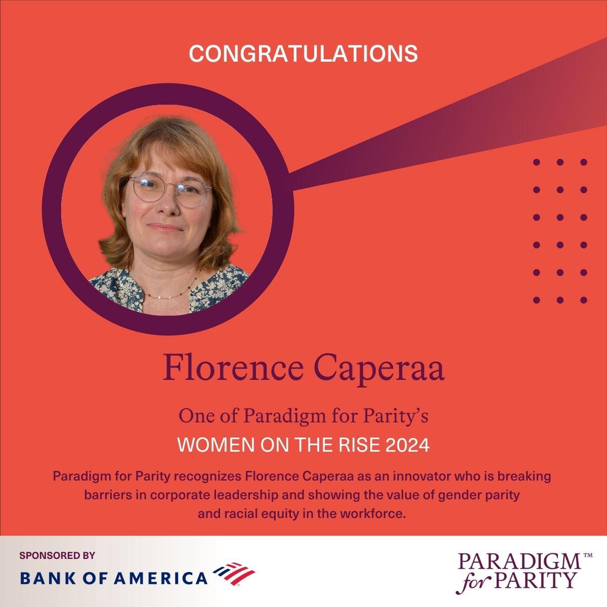 Photo of Florence Caperaa with congratulatory text.