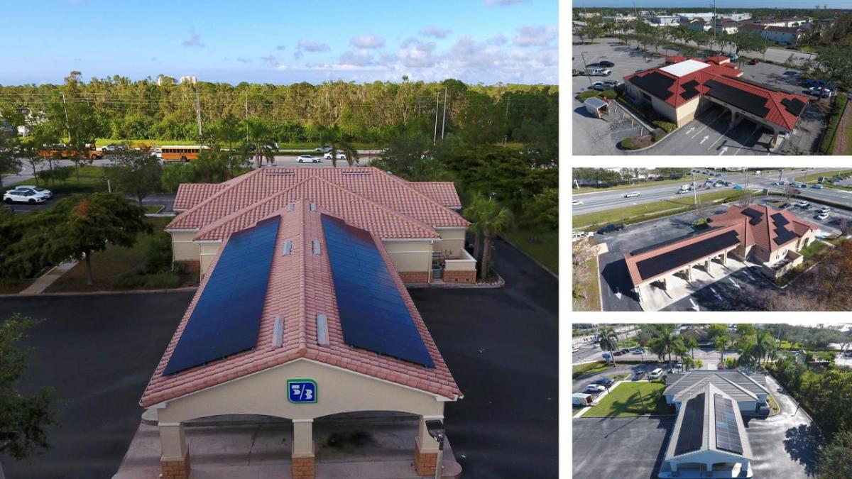 Overhead shot of solar panels on roofs