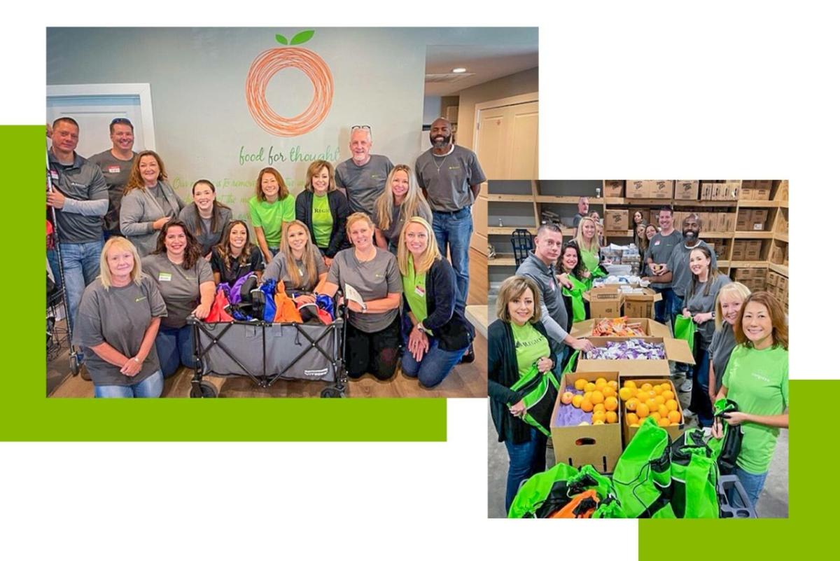 Collage of two photos, people sorrounding a cart of items under a "food for thought" emblem on a wall, and people in two lines packing green bags with food.