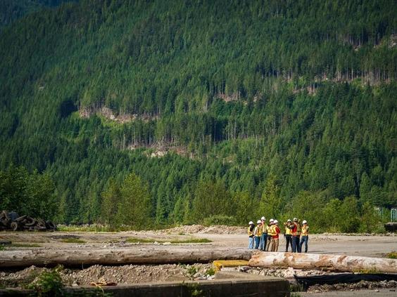 a group of workers in the distance, all wearing high-vis vests and hard hats. A vast forested area behind them.