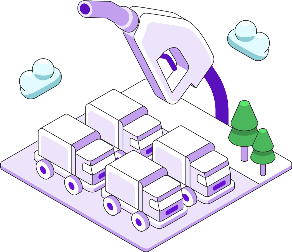 A gasoline nozzle floats over a fleet of vehicles. 