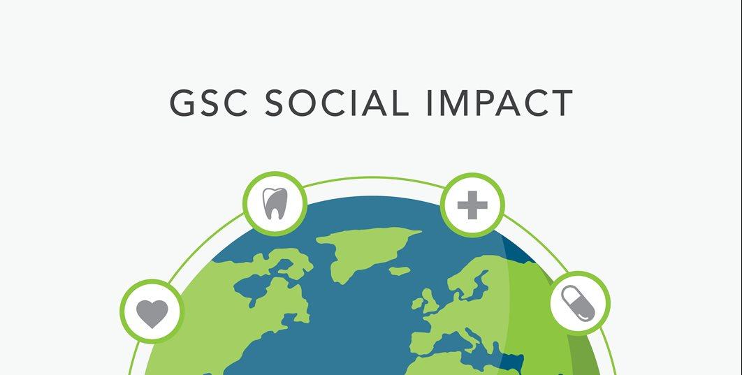 Illustration of globe with text: GSC Social Impact