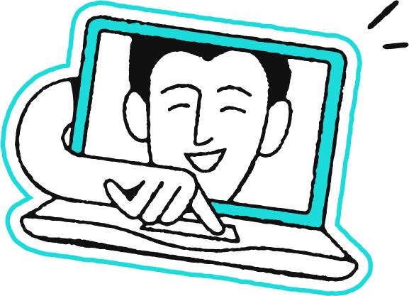 Illustration of a male face on a laptop with a hand reaching around to hit a key.