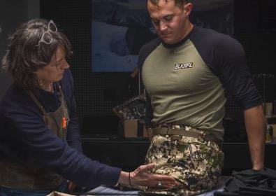 Innovation and inclusivity are woven into the fabric of our business. Collaborating with SITKA Revive and Repair specialist Colleen Tretter among others (see left), we were able to provide former marine and scout sniper Jonathan Blank with custom-fitted specialized gear to explore the outdoors safely despite adversity.