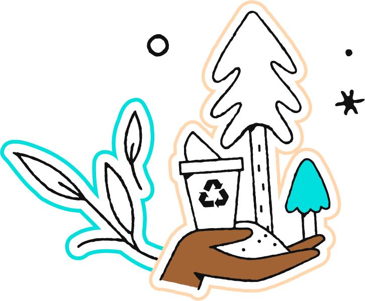 Illustration of a hand holding a tree and a cup with a recycle symbol.