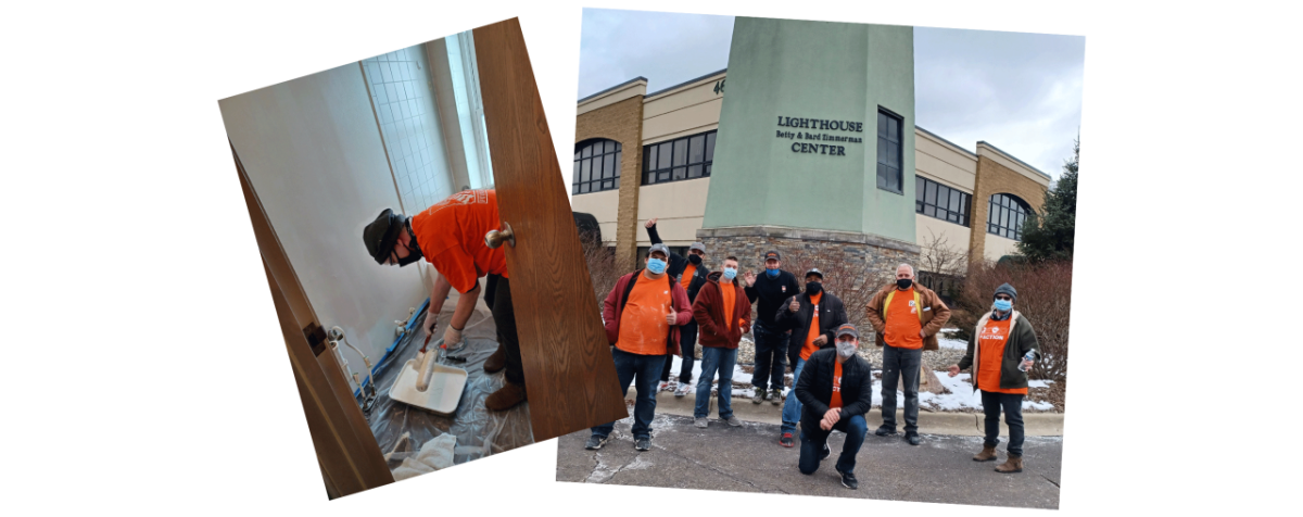 Home Depot volunteers standing in front of the lighthouse center. Eight volunteers wearing Home Depot t-shirts are featured.