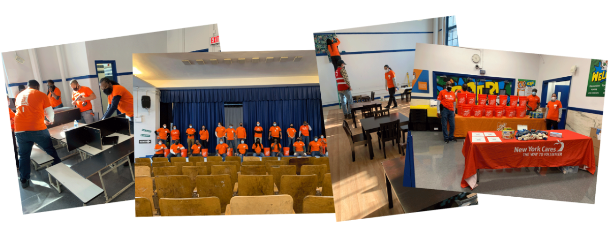 Home Depot volunteers shown in a school in the South Bronx completing projects  (building shelves, cleaning and arranging a room to be used as a library).