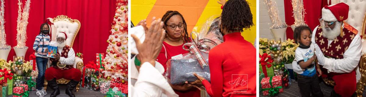 A young woman is receiving a gift from Santa Claus. Santa Claus is giving another girl a high-five. A woman is accepting a package from another woman.