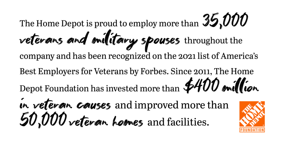 The Home Depot is proud to employ more than 35,000 veterans and military spouses throughout the company and has been recognized on the list of America's Best Employers for Veterans by Forbes. Since 2011, The Home Depot Foundation has invested more than $400 million in veterans causes and improved more than 50,000 veterans homes and facilities. 