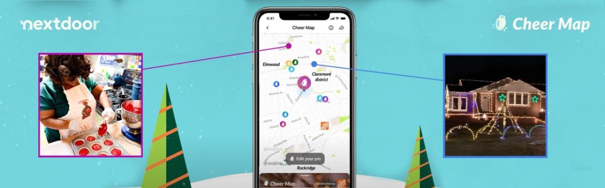 Banner for Cheer Map showing Tricia baking, an iPhone with the Cheer Map app and a decorated home with holiday lights.
