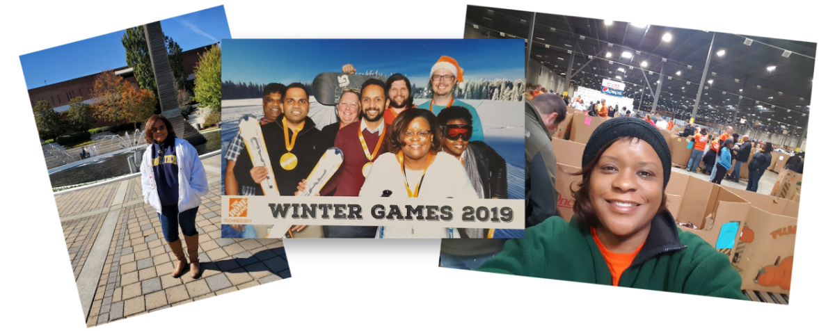 Photo montage of Felicia Rives volunteering at a food drive, in front of a fountain and featured with Home Depot Team Members.