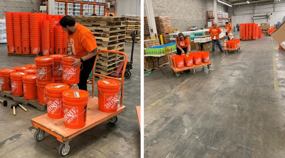 5 gallon buckets are shown being packed with cleaning supplies and masks.