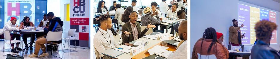 Photo montage of Black students working and studying in classrooms.