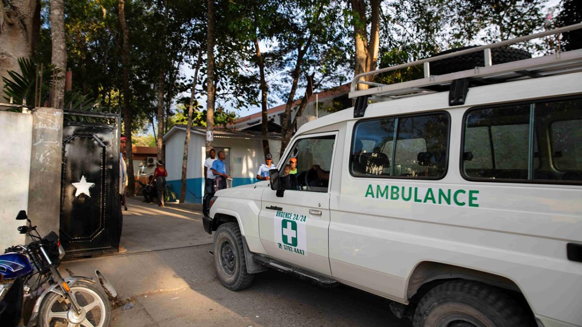 An ambulance enters a health facility in Haiti. The country is experiencing ongoing civil unrest, which complicates health delivery for patients. Direct Relief is supporting nine health facilities with cash support of $1 million total so they can maintain operations. (Courtesy photo)