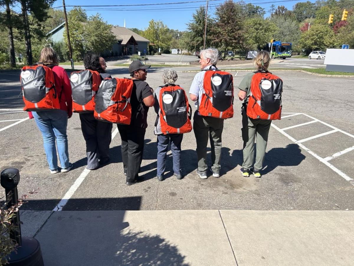 Mobile health providers at Appalachian Mountain Community Health Centers, with Direct Relief-donated field medic packs. The organization is providing community care in western North Carolina area after Hurricane Helene. The organization has received a $25,000 emergency operating grant and a wide array of requested medical support, along with 13 other nonprofit health partners responding throughout the southeastern U.S. (Photo courtesy of Appalachian Mountain Community Health Center)