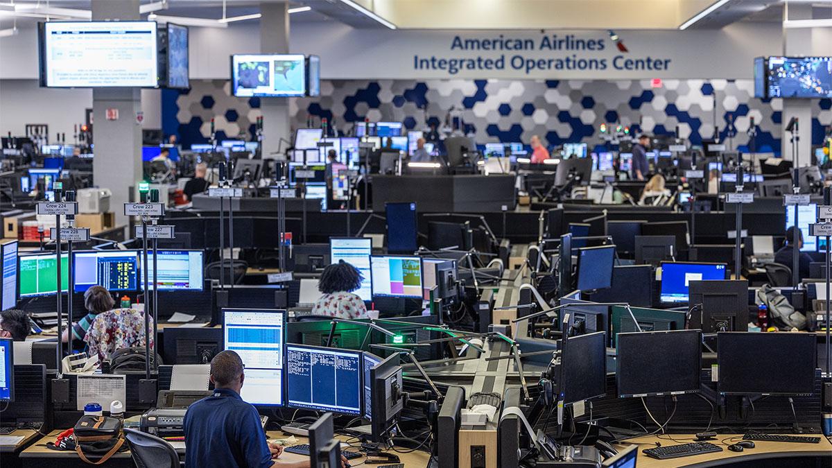 Wide view of the Integrated Operations Center for American Airlines.